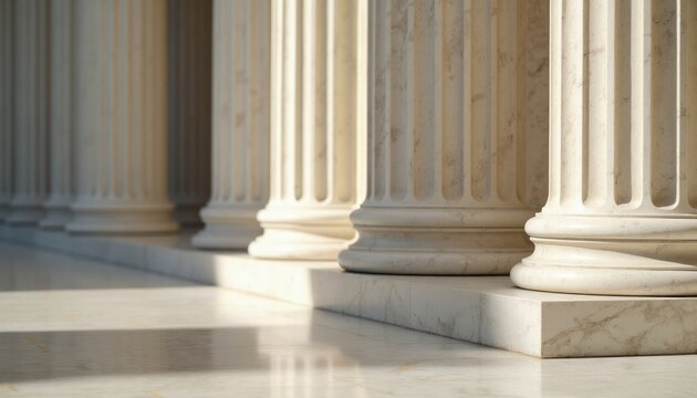 Row of classical marble columns with ionic order. Stone pillars cast shadows on shiny marble floor. Architectural detail of ancient building.