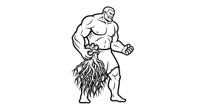 Muscular Man Ripping Roots from Ground, Strength and Power Concept