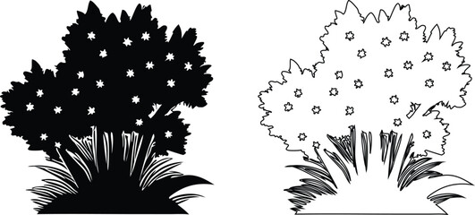 Black and white silhouette and outline of a flowering bush with grass on a white background © Parvin