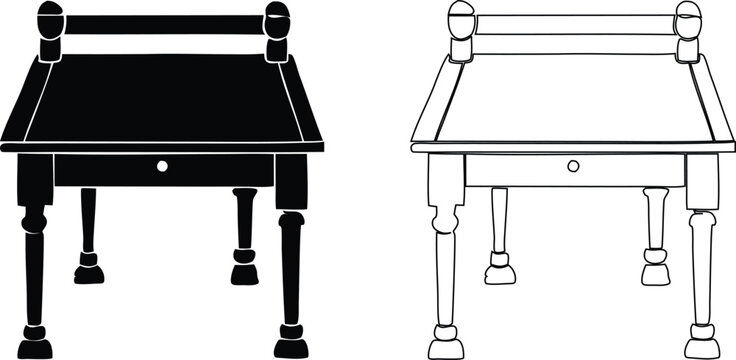 Antique wooden writing desk with a single drawer and turned legs in solid black and outline versions
