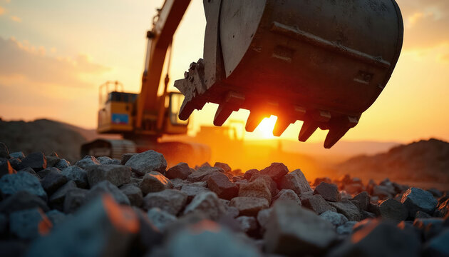 Excavator bucket over rocks at sunset. Heavy machinery works on site. Digging, mining, industrial construction project at sundown. Powerful industrial equipment.