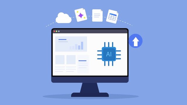 Animated flat dashboard interface featuring processor chip elements, upload action icon, desktop monitor, and modern computing technology scene.