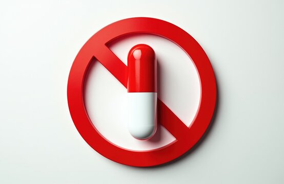 Red prohibition sign with white and red pill inside. Symbolizes ban on doping and medicine. Stop illegal drugs in sports and health care. Caution and warning concept.