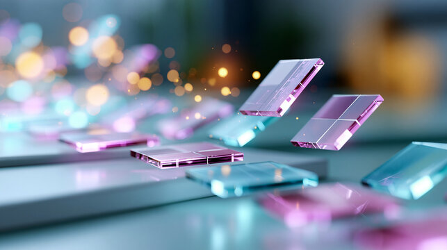 A glowing softly defocused customer journey hologram with floating touchpoint tiles drifts above a clean bright pastel platform customer journey faceless concept soft pastel
