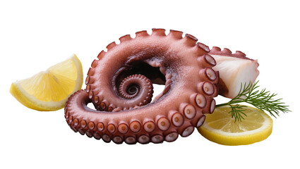 Cooked octopus tentacle with lemon slices and dill sprig © Gael
