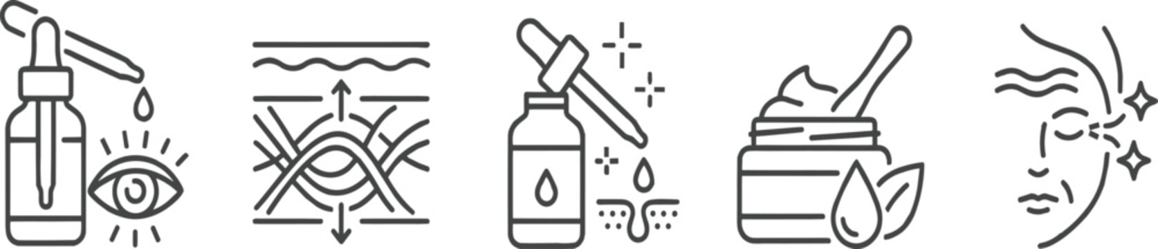 Dermatology and anti aging skincare line icon set with serum bottle and skin layer vector
