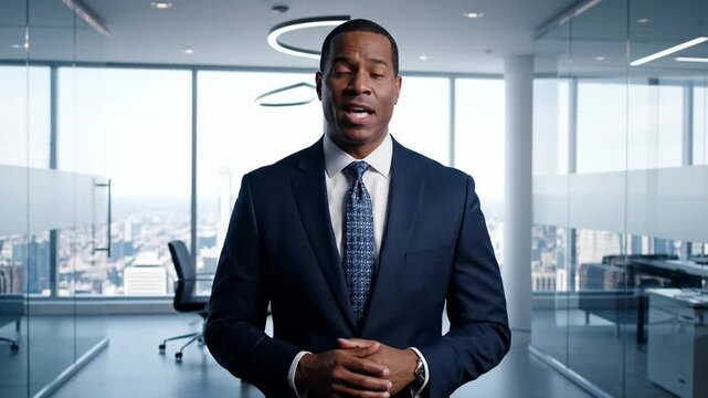 A man in a suit stands in a modern office with large windows overlooking a city. He gestures with his hands