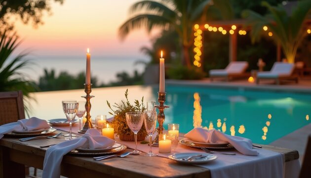 Table set for romantic dinner by pool at sunset. Candles glow, wine glasses wait near palm trees. Evening lights sparkle on blue water, inviting calm relaxation and intimate moments.