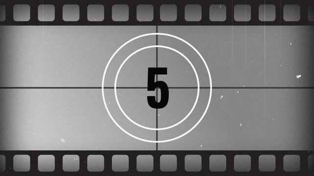 Retro 10 Second Film Countdown with Authentic Old Cinema Leader Dust Flicker Scratches Vignette and Aged Movie Reel Effect for Vintage Documentary Style 4K Video