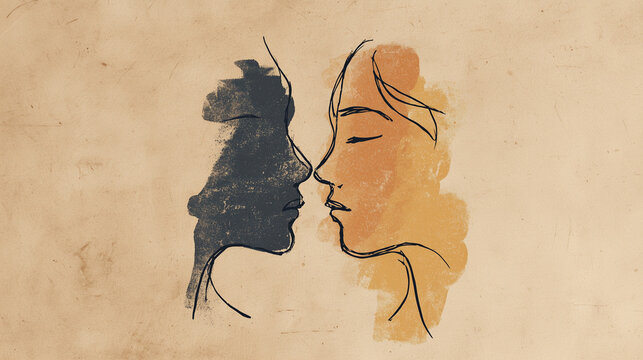 Hand drawn expressive illustration of self confrontation inner conflict and emotional duality