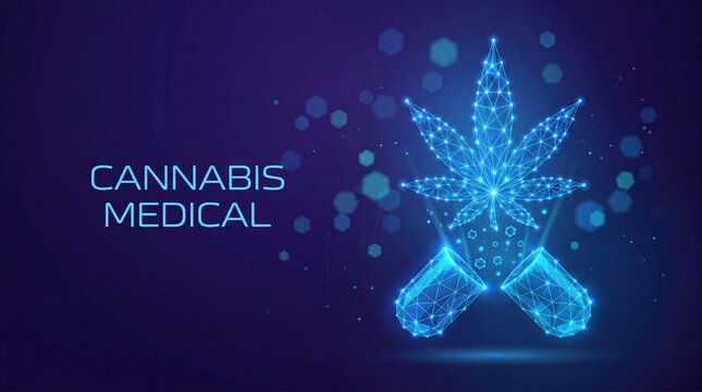 Medical cannabis digital concept with glowing low poly capsule and leaf