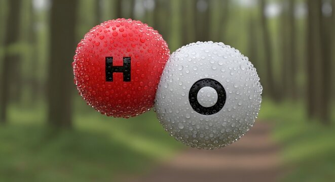 3D Rendering of Hydrogen and Oxygen Atoms in a Forest Setting.