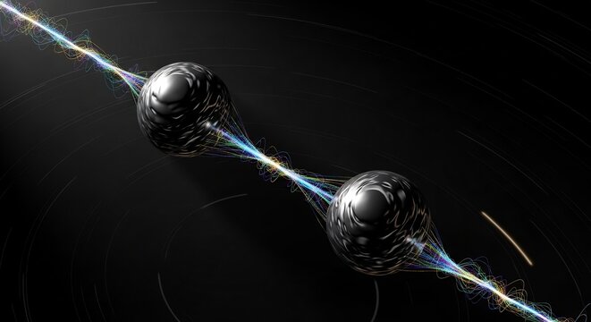 Two Futuristic Spheres Interconnected by Energy Beams in Deep Space.
