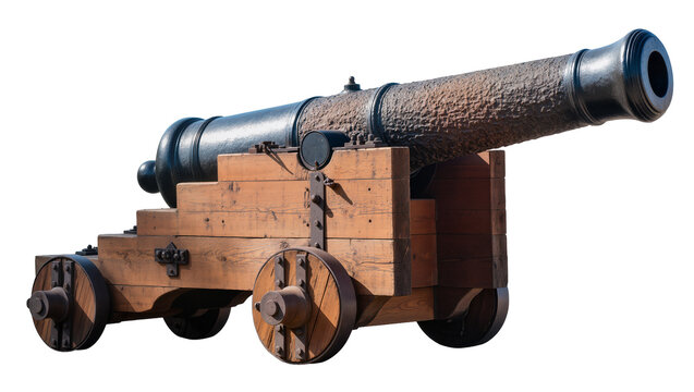 Antique wooden cannon on wheels with metal accents