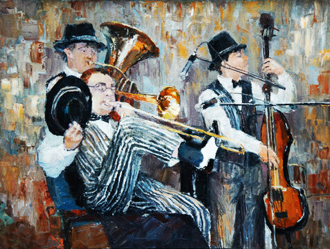 Fine art oil on canvas illustration of a dynamic street jazz group, vintage musicians playing brass instruments and contrabass, cabaret or show concept.