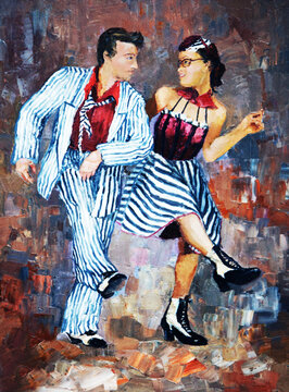 Impressionist oil painting of a young couple dancing rockabilly rock and roll or lindy hop in retro outfits.
