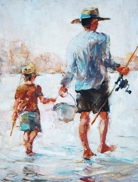 Impressionist oil painting of a father and son going fishing, man and little boy holding hands and carrying fishing rods, back view.