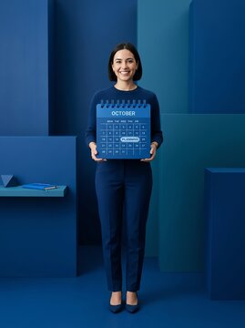 Woman holding October calendar, planning the 20th