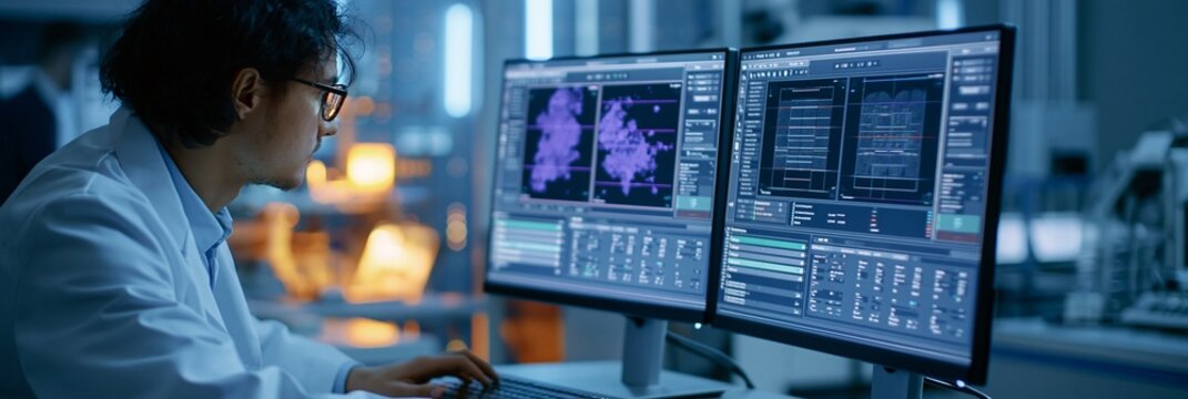 Operator analyzing Xray imaging results of highpurity nuclear graphite billets highlighting the nondestructive evaluation process in a controlled lab environment.