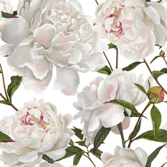 A seamless pattern of white peonies and greenery, a floral design. Suitable for wedding prints, textile prints, and wallpaper designs. © Antonina Rushkina