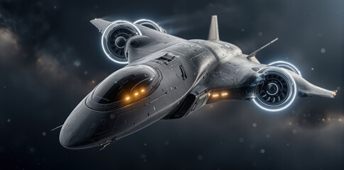 Fototapeta premium Futuristic spacecraft slices through starry expanse with illuminated cockpit and cinematic ambiance