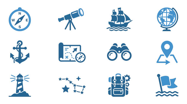 Blue exploration icons grid featuring compass telescope ship globe anchor map binoculars lighthouse constellation backpack and flag