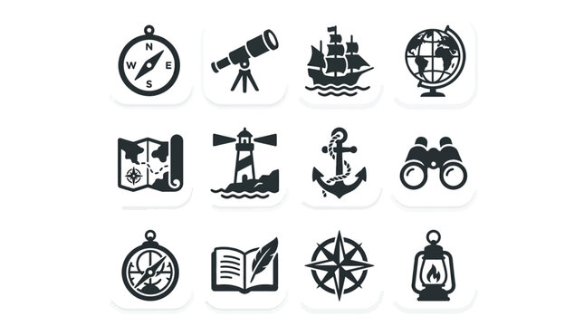 Hand drawn exploration icons featuring a compass telescope ship globe map lighthouse anchor binoculars pocket watch book compass rose and lantern in a minimalist style