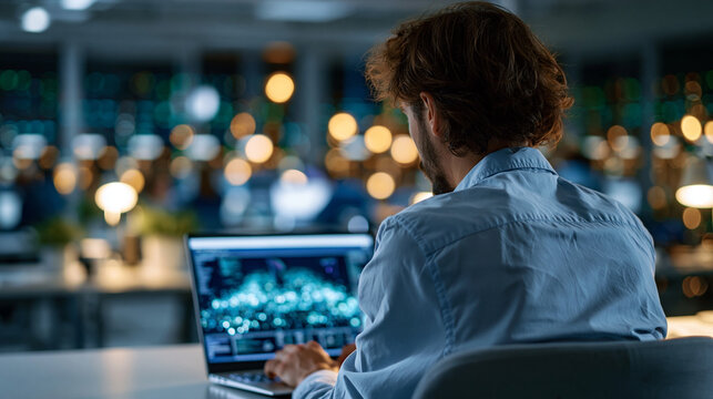 A  software developer viewed from behind analyzes glowing softly defocused system performance metrics on a bright laptop inside a calm modern data center system