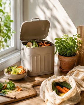 Coin cuisine z&eacute;ro d&eacute;chet avec composteur de table l&eacute;gumes et sac filet r&eacute;utilisable