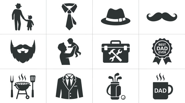 Father's day flat silhouette icons set black on white background symbols for dad family and celebration