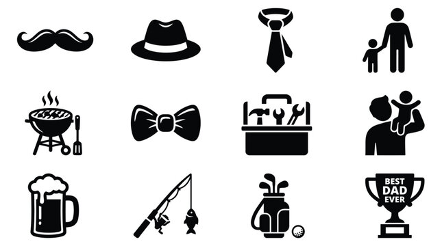 Father's day icons grid with mustache hat tie family grill bow tie toolbox beer fishing golf and trophy
