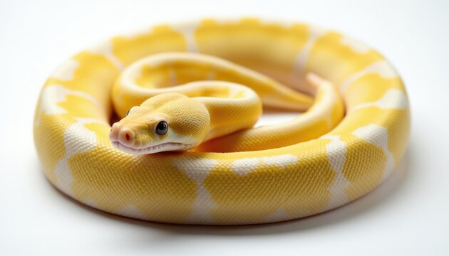 Yellow snake with white patches rests coiled. Reptile displays patterned scales. Small animal has dark eyes. Serpentine creature on white background.
