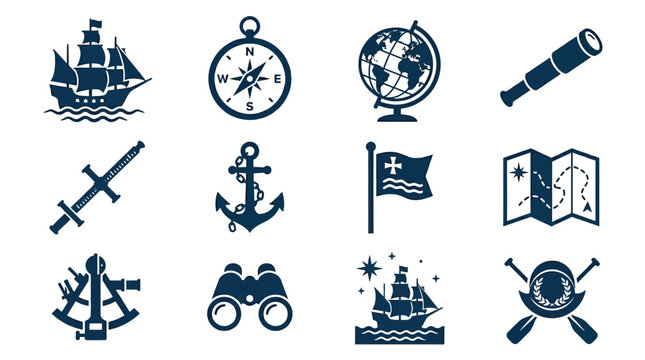 Nautical navigation icons set including ships compass globe telescope sword anchor flag map sextant binoculars and oars for discovery and exploration themes