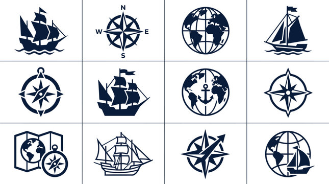 Nautical themed geometric silhouette icons featuring ships compasses globes and maps in a minimalist blue and white design