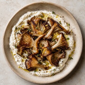 Pleurotes po&ecirc;l&eacute;s sur ricotta cr&eacute;meuse avec huile d&rsquo;olive et thym