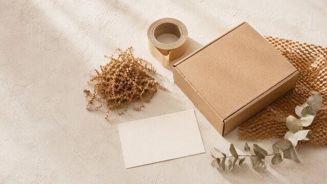 Flat lay de packaging &eacute;cologique avec bo&icirc;te kraft papier alv&eacute;ol&eacute; et carte vierge