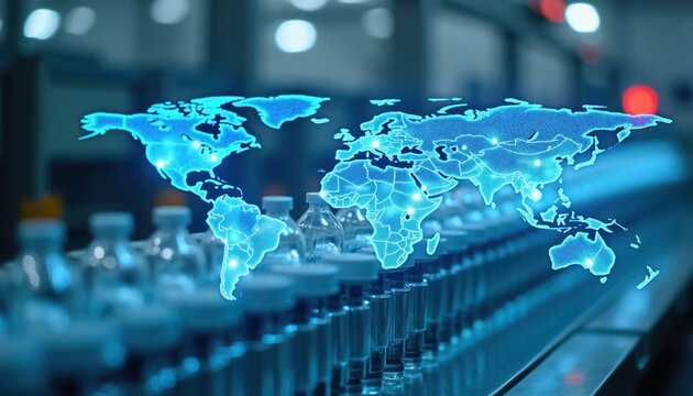 Global map overlay on pharmaceutical vials arranged on automated production line. Medical supply chain, hi-tech manufacturing for worldwide distribution of medicines, vaccines. Healthcare logistics