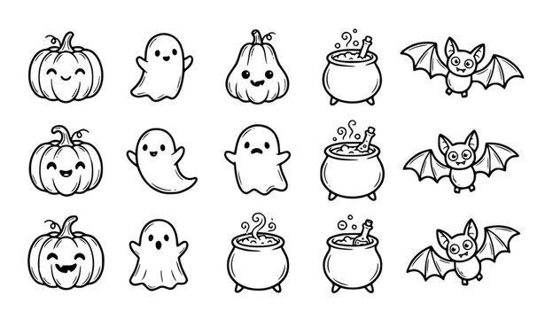 Whimsical doodle Halloween cartoon vector collection with cute hand drawn smiling pumpkins and friendly ghost sketches