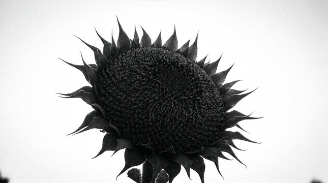 Sunflower ひまわり 199 Monochrome Sunflower Head in High Contrast on Bright Background（明るい背景に映えるハイコントラストなひまわりの頭部のモノクロ写真）