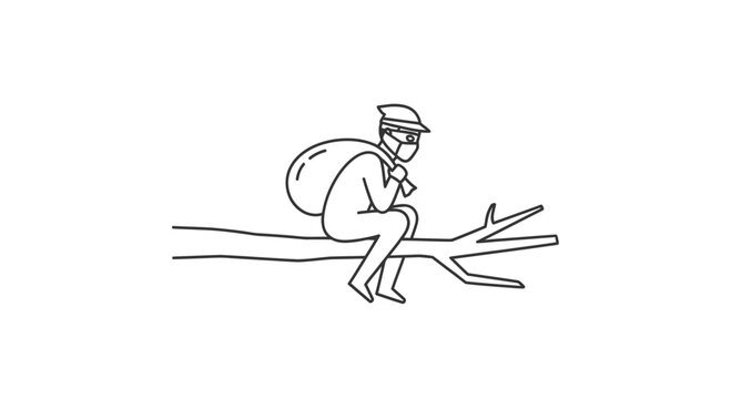 Thief with Loot Bag Sitting on Tree Branch, Wearing Mask