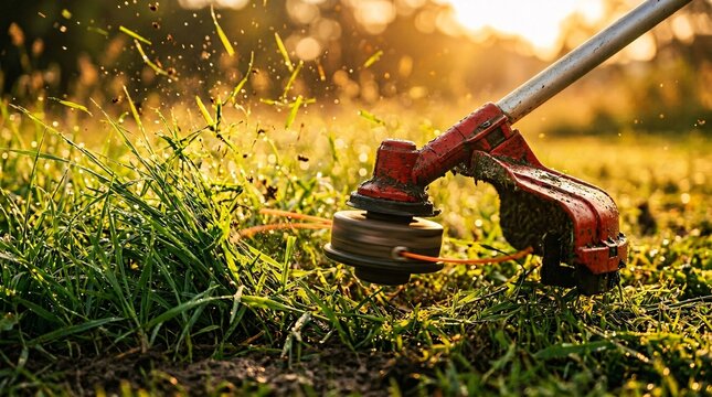 Vibrant red and black string trimmer slices through dewy green grass at golden hour, sending glowing clippings and dirt into sunlit air.