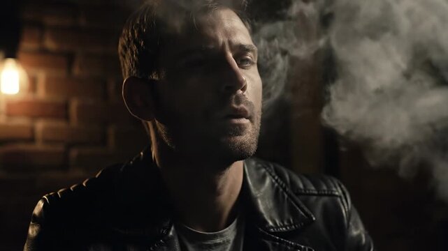A man in a dark, dimly lit space, holding a lit cigarette. Smoke curls around his face, suggesting a moment of pause or reflection. Brick wall in the background
