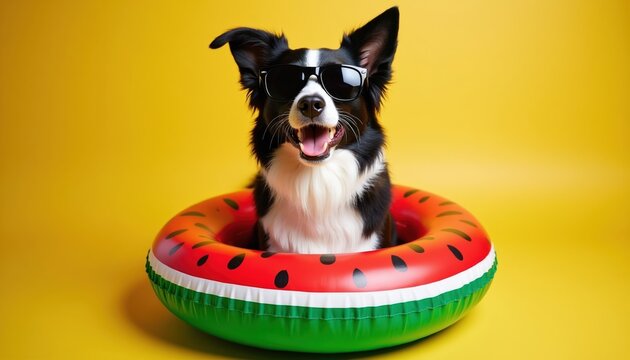 Border collie dog wears sunglasses in watermelon float. Dog smiles ready for summer pool party. Fun canine pet enjoys vacation fun in studio. Cheerful animal awaits warm season.