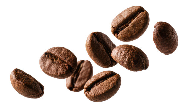 Roasted coffee beans scattered and floating