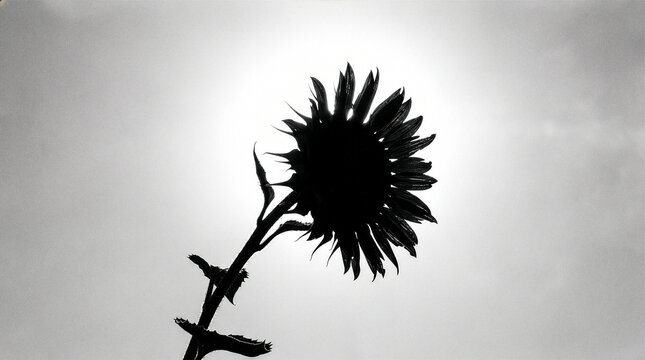 Sunflower ひまわり 201 Silhouette of a Single Sunflower Standing Against Bright Backlit Sky（まばゆい逆光の空に佇む一輪のひまわりのシルエット）