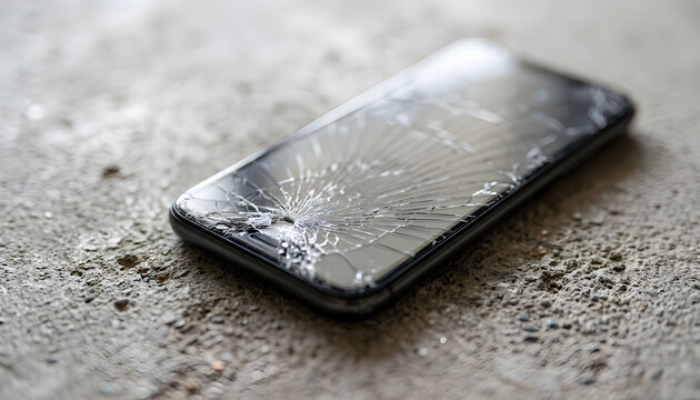 Macro photograph of a shattered smartphone glass screen with dramatic fracture lines