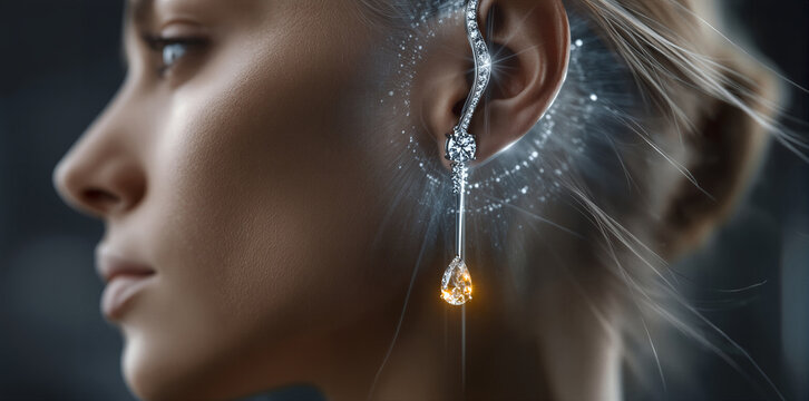 Highfashion editorial featuring contemplative model showcasing luminous jewelry and subtle movement