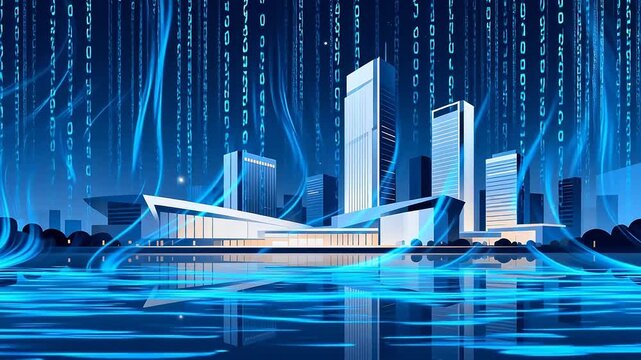 Futuristic cityscape with digital data