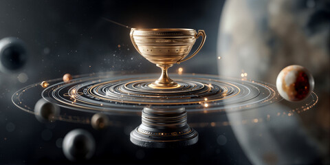 Fototapeta premium Silver trophy orbiting planets. Radiant prize suspended across cosmic rings and planets