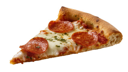 Pepperoni pizza slice with melted cheese and herbs